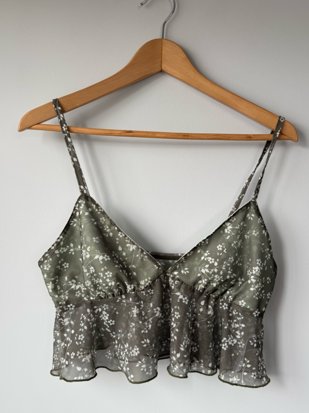 (M) Cider Olive Green Mesh Floral Ruffle Tank